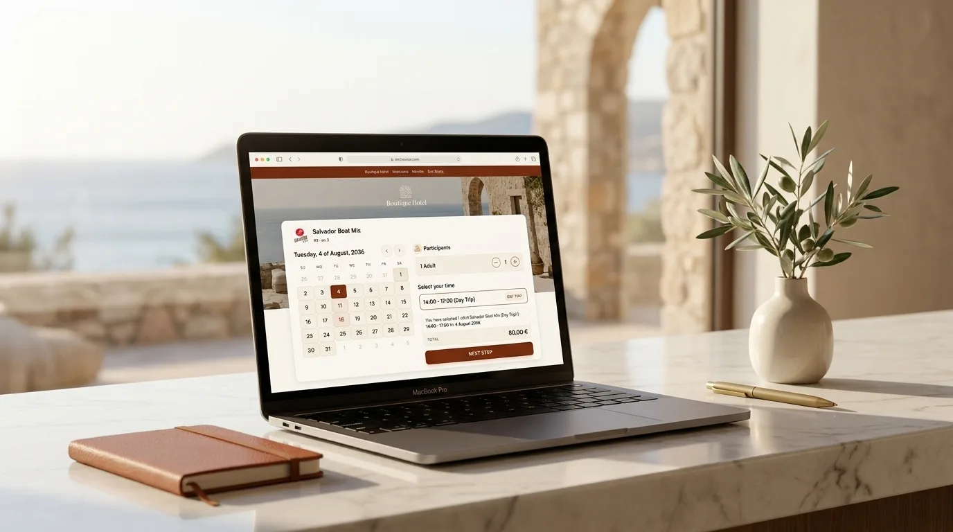 Widget de réservation Salvador Ibiza intégré sur un site d'hôtel boutique — mockup conciergerie